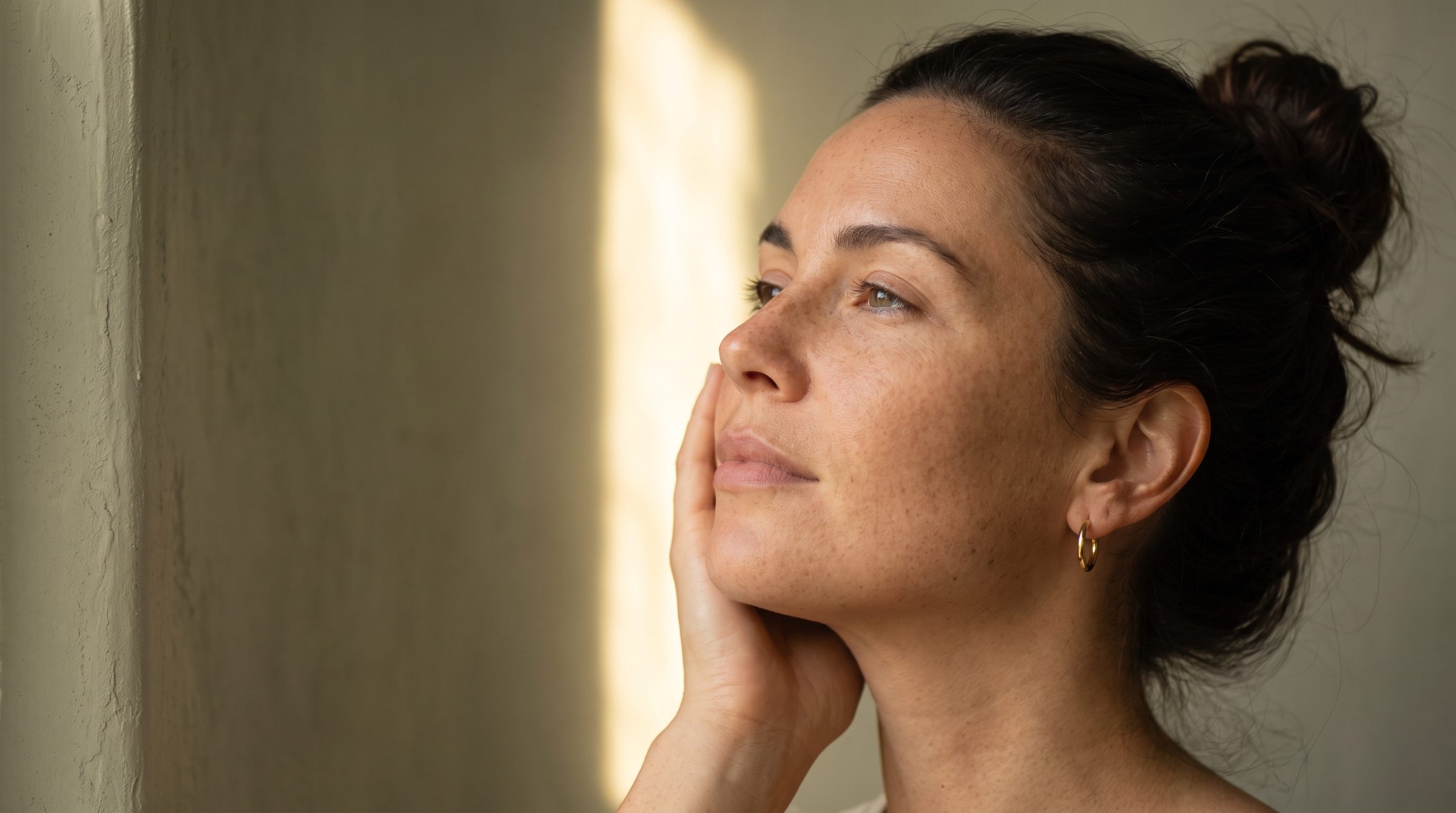 Woman with freckled skin turning her face toward warm window light