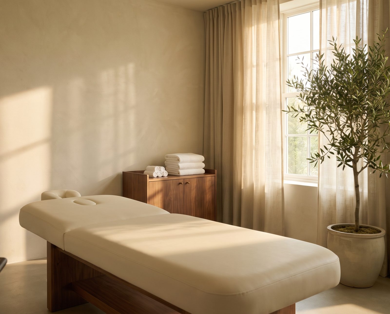Sunlit treatment room with a cream treatment bed, linen curtains and an olive tree